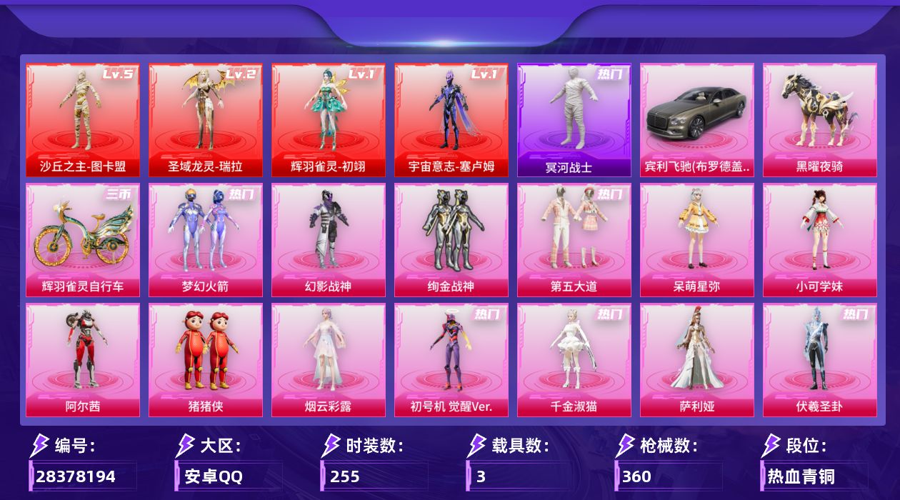 [28378194]安卓手Q-历史最高段位：传奇王牌18星-4神装-20粉装-17特效枪-3载具-17粉色飞行器-128515热力值-18王牌印记-255套装-360枪皮
【红色神装等级】：辉羽雀灵-初翊(一级)，圣域龙灵-瑞拉(二级)，宇宙意志-塞卢姆(一级)，沙丘之主-图卡盟(五级)
【红色角色神装】：辉羽雀灵-初翊，圣域龙灵-瑞拉，宇宙意志-塞卢姆，沙丘之主-图卡盟
【热门品类】：粉装-梦幻火箭，套装-浪漫天命，套装-冥河战士，套装-忍者信条，角色-忠真马岱，套装-六号树人，套装-龟仙人，角色-8号机，角色-Mark.06，角色-六号稻草人
【粉色套装】：粉装-碎梦浮光，粉装-幻影战神，粉装-梦幻火箭，粉装-绚金战神，粉装-第五大道，角色-呆萌星弥，角色-小可学妹，角色-阿尔茜，玩偶服-猪猪侠，角色-烟云彩露，角色-初号机 觉醒Ver.，角色-千金淑猫，角色-萨利娅，角色-伏羲圣卦，角色-樱桃泡泡，角色-凤凰座 一辉，粉装-幻彩电音，角色-狂魅哈莉，角色-罗征
【粉色枪皮等级】：Vector-流风之羽(五级)，AKM-绿萝繁花(五级)，SCAR-L-锦绣绵绵(五级)，M416-电玩时刻(五级)，M416-墨龙九天(三级)，AUG-许七安(五级)，UMP45-量子极限(五级)，UMP45-宇宙意志(三级)，汤姆逊-玉魄流云(五级)，AKS-74U-森灵之息(五级)，P90-沙丘之主(三级)，Kar98K-巳巳如意(五级)，Kar98K-圣域龙灵(二级)，M24-镜域双华(三级)，M417-第五大道(二级)，DP-28-豹影疾电(五级)，MG3-辉羽雀灵(三级)
【粉色载具】：宾利飞驰（布罗德盖棕双色），黑曜夜骑，辉羽雀灵自行车
【粉色枪皮】：Vector-流风之羽，AKM-绿萝繁花，SCAR-L-锦绣绵绵，M416-电玩时刻，M416-墨龙九天，AUG-许七安，UMP45-量子极限，UMP45-宇宙意志，汤姆逊-玉魄流云，AKS-74U-森灵之息，P90-沙丘之主，Kar98K-巳巳如意，Kar98K-圣域龙灵，M24-镜域双华，M417-第五大道，DP-28-豹影疾电，MG3-辉羽雀灵
【粉色飞行器】：酣梦熊熊飞行器，炫彩糖果飞行器，祥瑞起舞飞行器，碎梦浮光飞行器，梦幻火箭飞行器，沙丘之主天马，镜域双华-灵镜之阶，龙翔九天飞行器，深渊漩涡飞行器，英伦信使飞行器，幽焰列车飞行器，