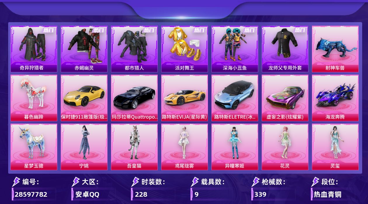 [28597782]安卓手Q历史最高段位传奇王牌15星21粉装20特效枪9载具12粉色飞行器122365热力值11王牌印记228套装339枪皮
【热门品类】粉装怪诞乔克粉装雪国幻梦粉装梦幻火箭套装浪漫天命套装赤蝎幽灵套装都市猎人套装派对舞王套装深海小丑鱼套装小丑鱼套装奇异狩猎者套装忍者信条套装暗夜行者套装龟仙人套装暗影哥特师父专用外套套装红熊茄茄
【粉色套装】粉装碎梦浮光粉装幻影战神粉装数码大师粉装怪诞乔克粉装雪国幻梦粉装蝶舞迷情粉装梦幻火箭粉装放客神游粉装星之彼岸角色洛天依粉装橘柚倾心角色冰炎战车粉装霓虹漫游角色荧海星豚角色花灵角色灵玺角色异瞳寒姬角色鸢尾珑雾角色吾皇猫角色宁姚人物洛天依·龙灵
【粉色枪皮等级】轻型迫击炮酷夏轰炸(三级)AKM暮色玫影(三级)SCARL梦幻火箭(七级)M416灵猫魔法师(六级)AUG星梦奇缘(三级)蜜獾异瞳寒姬(四级)UMP45萌骑冒险(四级)Vector流风之羽(五级)汤姆逊玉魄流云(五级)AKS74U琉璃赤心(五级)Kar98K巳巳如意(五级)AWM橘柚倾心(四级)Mk14福马献瑞(五级)M417第五大道(四级)AA12G其乐融融(五级)DP28豹影疾电(五级)MG3洛神天依(七级)信号枪金乌曜日(六级)燃烧瓶薄荷可可(七级)破片手榴弹贪吃小熊(七级)
【粉色载具】路特斯EVIJA星际黄路特斯ELETRE冰川蓝玛莎拉蒂Quattroporte夜幕蓝保时捷911 敞篷版极速黄虚妄之影炫耀紫海龙奔腾僚机冰龙团团星梦玉骢暮色幽蹄射神车兽
【粉色枪皮】轻型迫击炮酷夏轰炸AKM暮色玫影SCARL梦幻火箭M416灵猫魔法师AUG星梦奇缘蜜獾异瞳寒姬UMP45萌骑冒险Vector流风之羽汤姆逊玉魄流云AKS74U琉璃赤心Kar98K巳巳如意AWM橘柚倾心Mk14福马献瑞M417第五大道AA12G其乐融融DP28豹影疾电MG3洛神天依信号枪金乌曜日燃烧瓶薄荷可可破片手榴弹贪吃小熊
【粉色飞行器】炫彩糖果飞行器碎梦浮光飞行器春暖花开飞行器梦幻火箭飞行器圣域金龙飞行器灵珠游龙飞行器暮色之舞飞行器冰狼掠影飞行器星罗盘飞行器幻光九尾飞行器
【粉色降落伞】碎梦浮光降落伞破风疾驰降落伞极限特训降落伞幻影战神降落伞百万伏特降落伞甜心宝贝降落伞春暖花开降落伞梦幻火箭降落伞星之彼岸降落伞洛神天依降落伞橘柚倾心降落伞甜梦小狐降落伞环太平洋降落伞海螺星光降落伞变形金刚降落伞霓虹漫游降