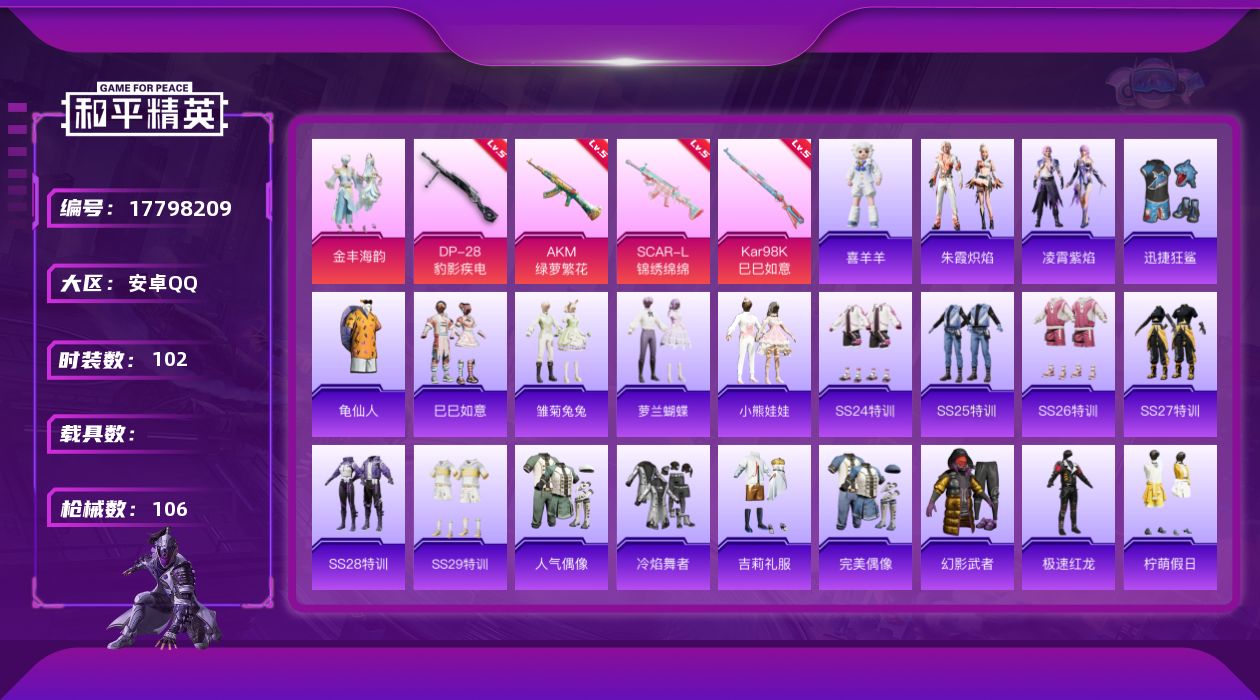 和平精英账号安卓QQ[17798209]安卓 手Q-2粉装-5特效枪-0载具-1粉色飞行器-33306热力值-1王牌印记-102套装-106枪皮
【热门品类】：套装-龟仙人
【粉色套装】：粉装-金丰海韵
【粉色枪皮等级】