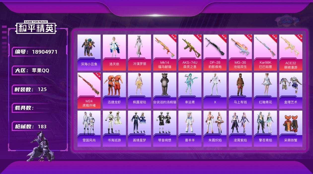 和平精英账号苹果QQ[18904971]苹果 手Q-2粉装-7特效枪-0载具-1粉色飞行器-51113热力值-5王牌印记-125套装-183枪皮
【热门品类】：套装-浪漫天命，套装-深海小丑鱼，套装-龟仙人
【粉色套装】