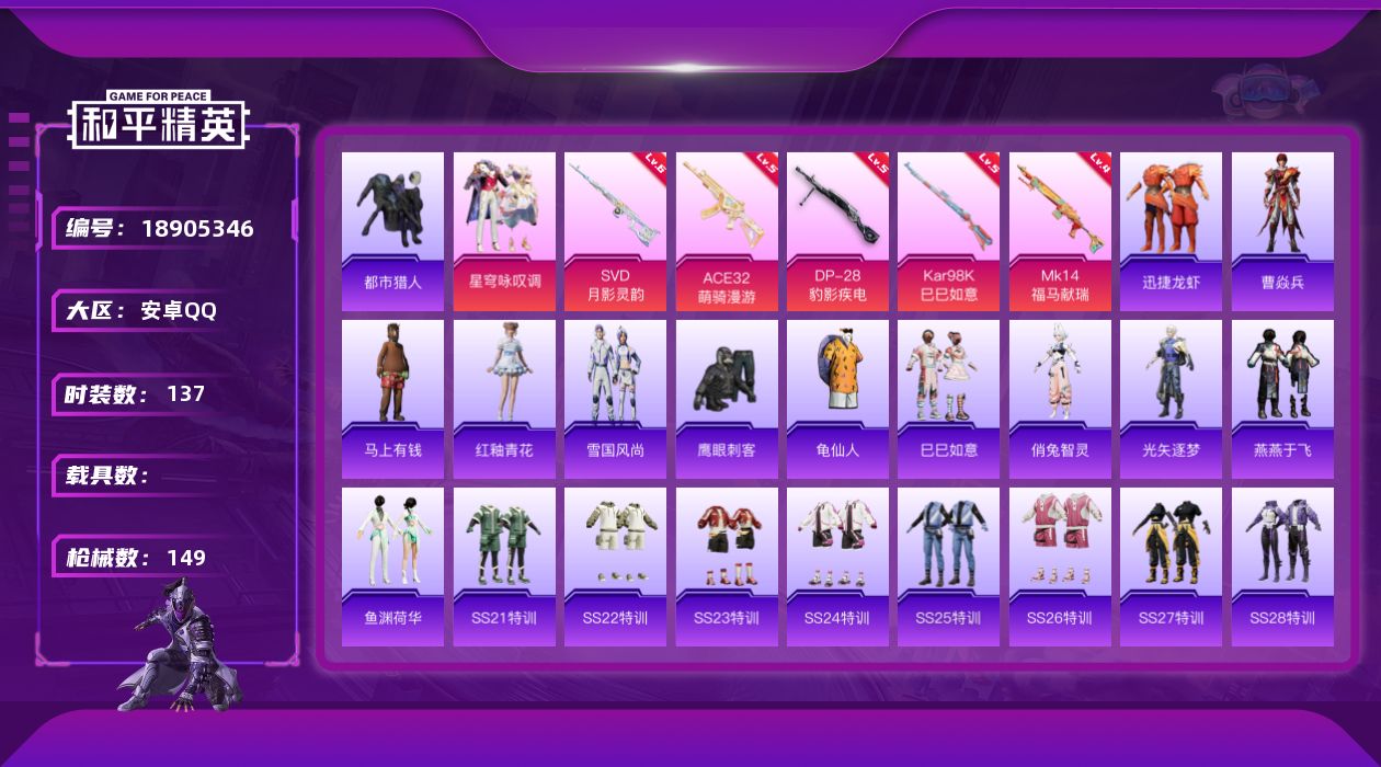 和平精英账号安卓QQ[18905346]安卓 手Q-1粉装-5特效枪-0载具-1粉色飞行器-41694热力值-1王牌印记-137套装-149枪皮
【热门品类】：套装-都市猎人，套装-龟仙人
【粉色套装】：粉装-星穹咏叹调