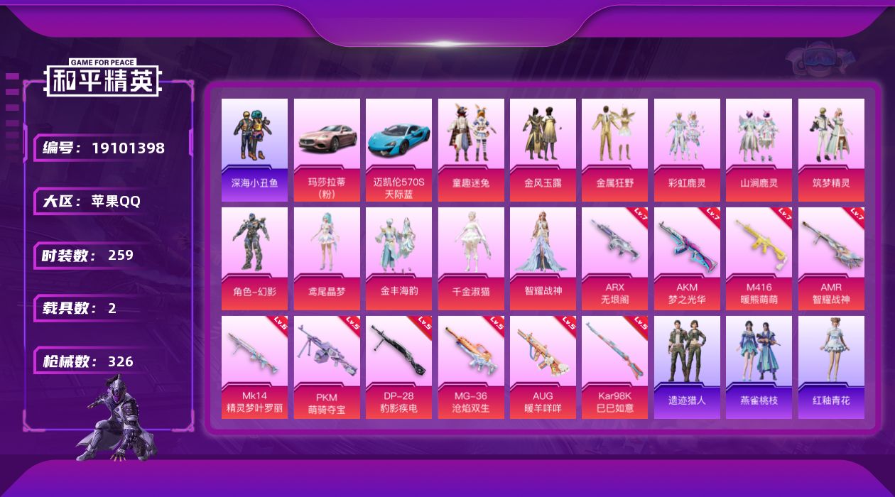 和平精英账号苹果QQ[19101398]259套装/枪械10/装备391/载具2/战备206/王牌印记21/热力值106857/七级AKM-梦之光华/七级M416-暖熊萌萌/五级AUG-暖羊咩咩/七级ARX-无垠阁/五级