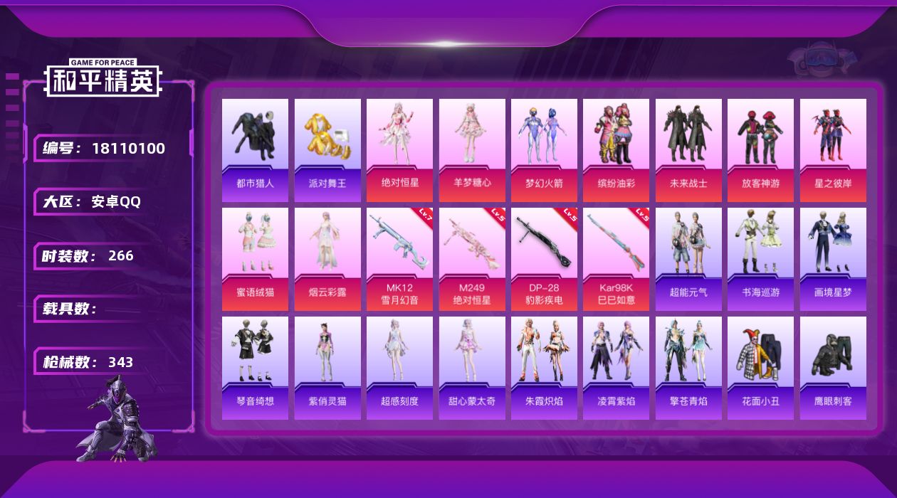 和平精英账号安卓QQ[18110100]安卓 手Q-无敌战神框-10粉装-7特效枪-0载具-3粉色飞行器-104907热力值-23王牌印记-266套装-343枪皮
【热门品类】：粉装-梦幻火箭，粉装-缤纷油彩，套装-浪漫