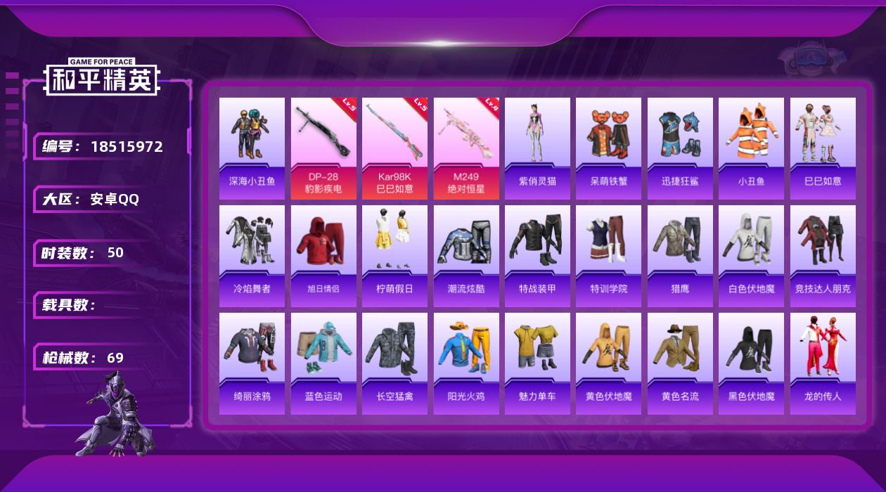 和平精英账号安卓QQ[18515972]安卓 手Q-0粉装-5特效枪-0载具-2粉色飞行器-18534热力值-3王牌印记-50套装-69枪皮
【热门品类】：套装-深海小丑鱼，套装-小丑鱼
【粉色枪皮等级】：UMP45-萌