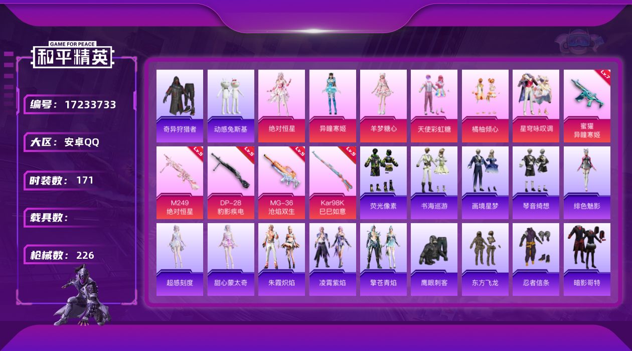 和平精英账号安卓QQ[17233733]安卓 手Q-6粉装-9特效枪-0载具-2粉色飞行器-62850热力值-7王牌印记-171套装-226枪皮
【热门品类】：套装-奇异狩猎者，套装-忍者信条，套装-动感兔斯基人偶服，套