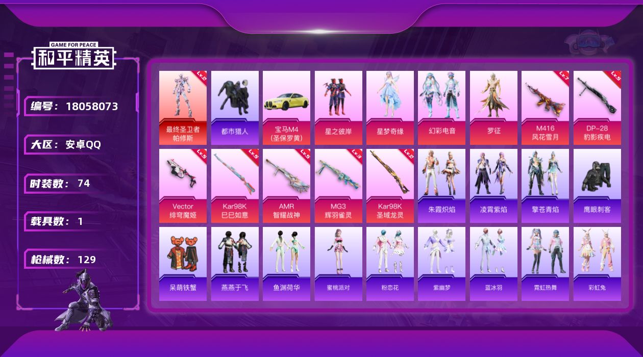 和平精英账号安卓QQ[18058073]【特价出售/店主推荐】/绝世印记2 安卓 手Q-1神装-5粉装-10特效枪-1载具-5粉色飞行器-43528热力值-5王牌印记-74套装-129枪皮【红色神装等级】：最终圣卫者-帕