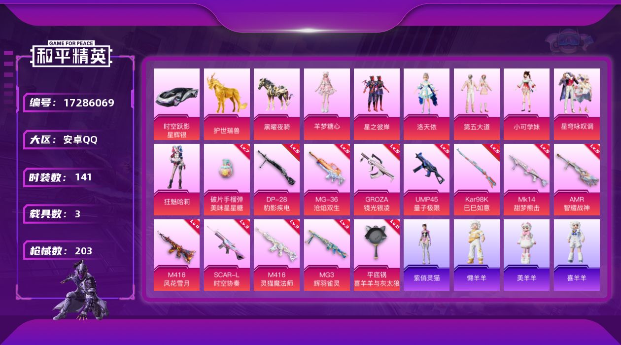 和平精英账号安卓QQ[17286069]安卓 手Q-7粉装-20特效枪-3载具-4粉色飞行器-65728热力值-10王牌印记-141套装-203枪皮
【热门品类】：套装-龟仙人，套装-暗影哥特，角色-Mark.06
【粉