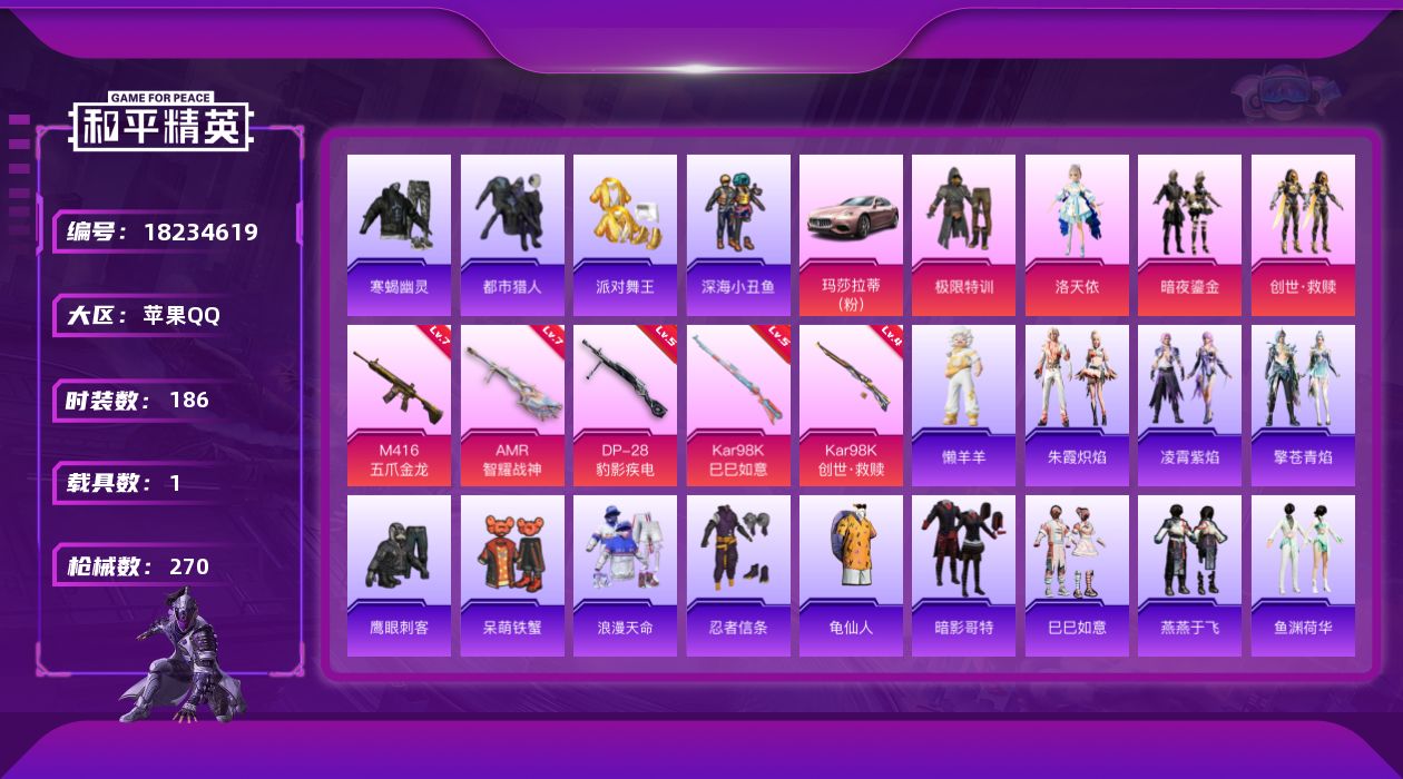 和平精英账号苹果QQ[18234619]绝世印记1 可二次【特价出售/店主推荐】苹果 手Q-5粉装-8特效枪-1载具-2粉色飞行器-82910热力值-15王牌印记-186套装-270枪皮【热门品类】：套装-寒蝎幽灵，套装