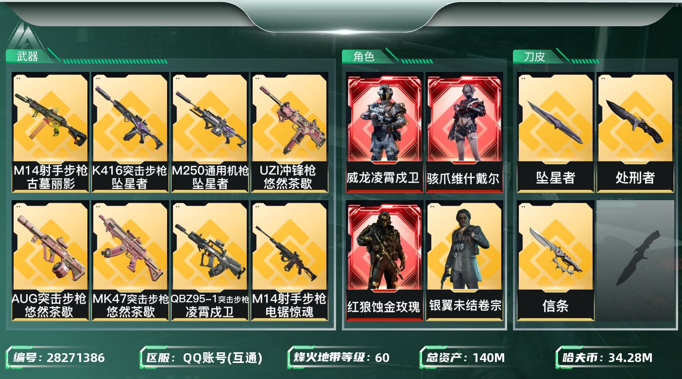 三角洲行动账号QQ[28271386]【终身售后 找回包赔】QQ包人脸，【烽火等级】：60，【总资产】：140M，【烽