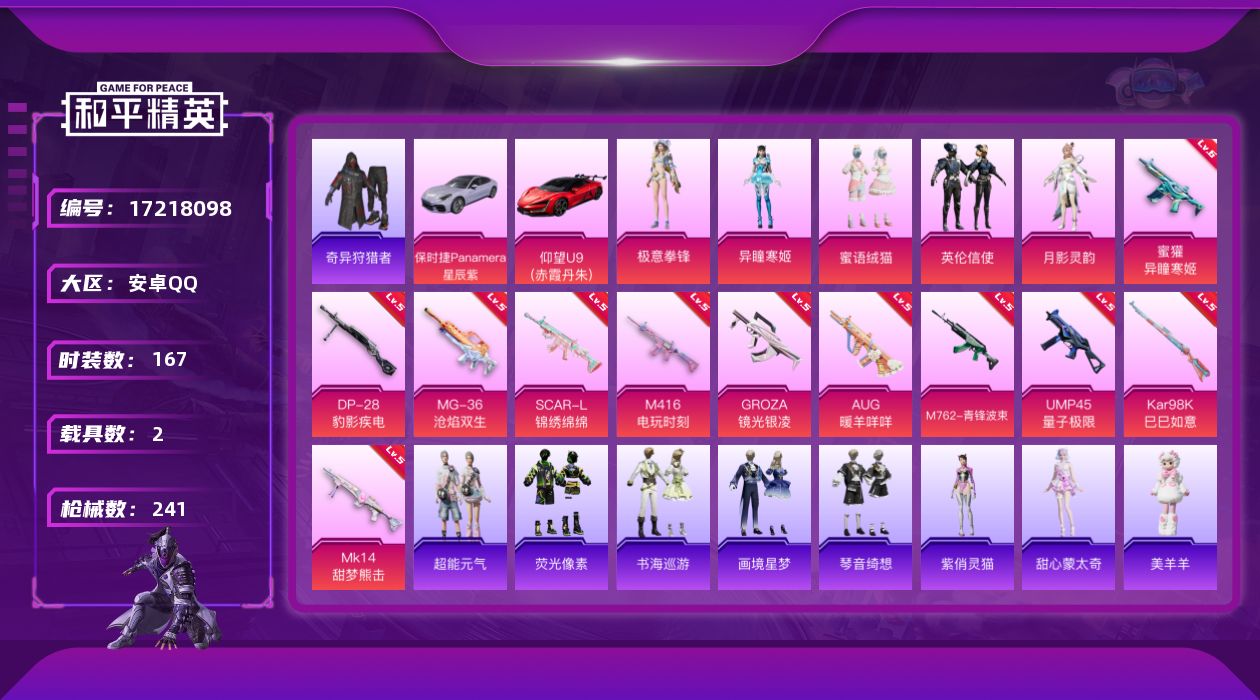 和平精英账号安卓QQ[17218098]安卓 手Q-5粉装-12特效枪-2载具-4粉色飞行器-74651热力值-11王牌印记-167套装-241枪皮
【热门品类】：套装-奇异狩猎者，套装-龟仙人，套装-暗影哥特，套装-粉