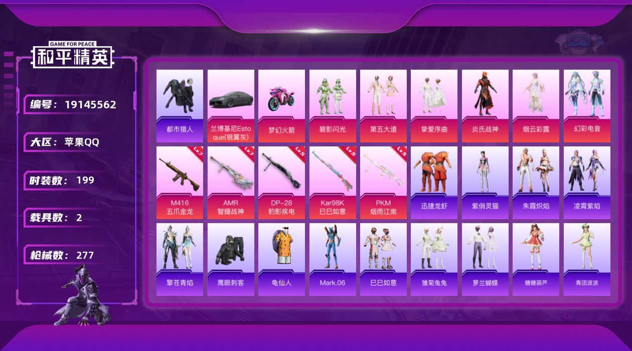 和平精英账号苹果QQ[19145562]【特价出售/店主推荐】：苹果手Q-6粉装-5特效枪-2载具-5粉色飞行器-82770热力值-12王牌印记-199套装-277枪皮
【热门品类】：套装-都市猎人，套装-龟仙人，角色-