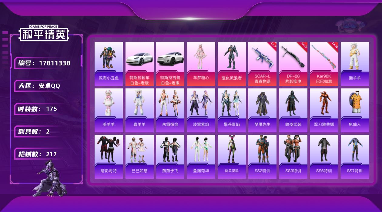 和平精英账号安卓QQ[17811338]【店主推荐捡漏号】安卓 手Q-2粉装-6特效枪-2载具-1粉色飞行器-68199热力值-13王牌印记-175套装-217枪皮【热门品类】：套装-深海小丑鱼，角色-军刀雅典娜，套装-