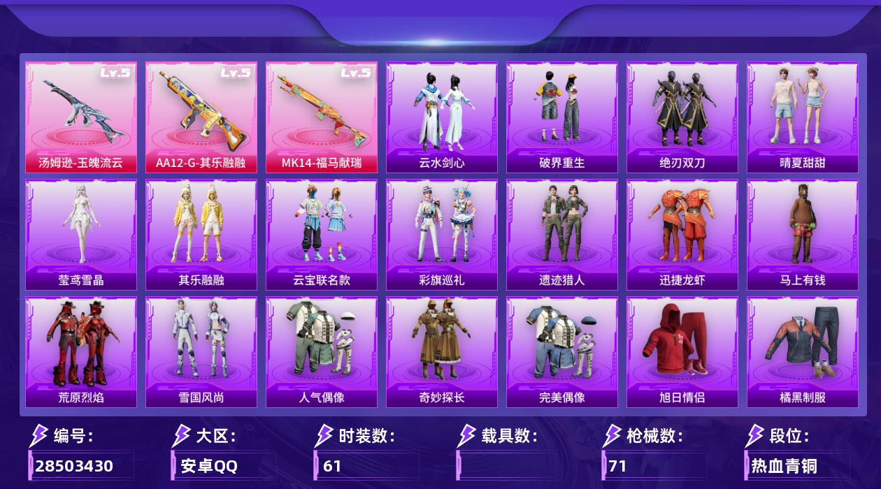 [28503430]【FK8352】61套装/枪械3/装备90/战备53/王牌印记3/热力值16655/五级汤姆逊玉魄流云/五级MK14福马献瑞/五级AA12G其乐融融/满月旋律降落伞/异瞳寒姬降落伞/汤姆逊玉魄流云/MK14福马献瑞/AA12G其乐融融/人气偶像/奇妙探长/完美偶像/旭日情侣/橘黑制服/海岛探路者/深蓝色名流/湖蓝色名流/潮流炫酷/特训学院/猎鹰/猛禽/白色伏地魔/竞技名士/竞技达人朋克/红色运动/绮丽涂鸦/蓝彩潮人/蓝色运动/街头潮人/都市魅力/长空猛禽/阳光火鸡/青年教官/魅力单车/黄色伏地魔/黄色名流/黄色运动/黑色伏地魔/AKM龙的传人/M16A4快乐主宰/SCARL夜灯/M416蓝色火焰/AUG耀粉歌者/Mk47洛神天依/UMP45繁龙极客/UMP45夜灯/SKS糯团青竹/S686繁龙极客/S12K夜灯/S12K极意拳锋/M249星之彼岸/蝎式手枪六号石头人/雪国风尚/马上有钱/迅捷龙虾/遗迹猎人/云宝联名款/其乐融融/彩旗巡礼/恋语绒绒/晴夏甜甜/绝刃双刀/荒原烈焰/云水剑心/破界重生/莹鸢雪晶