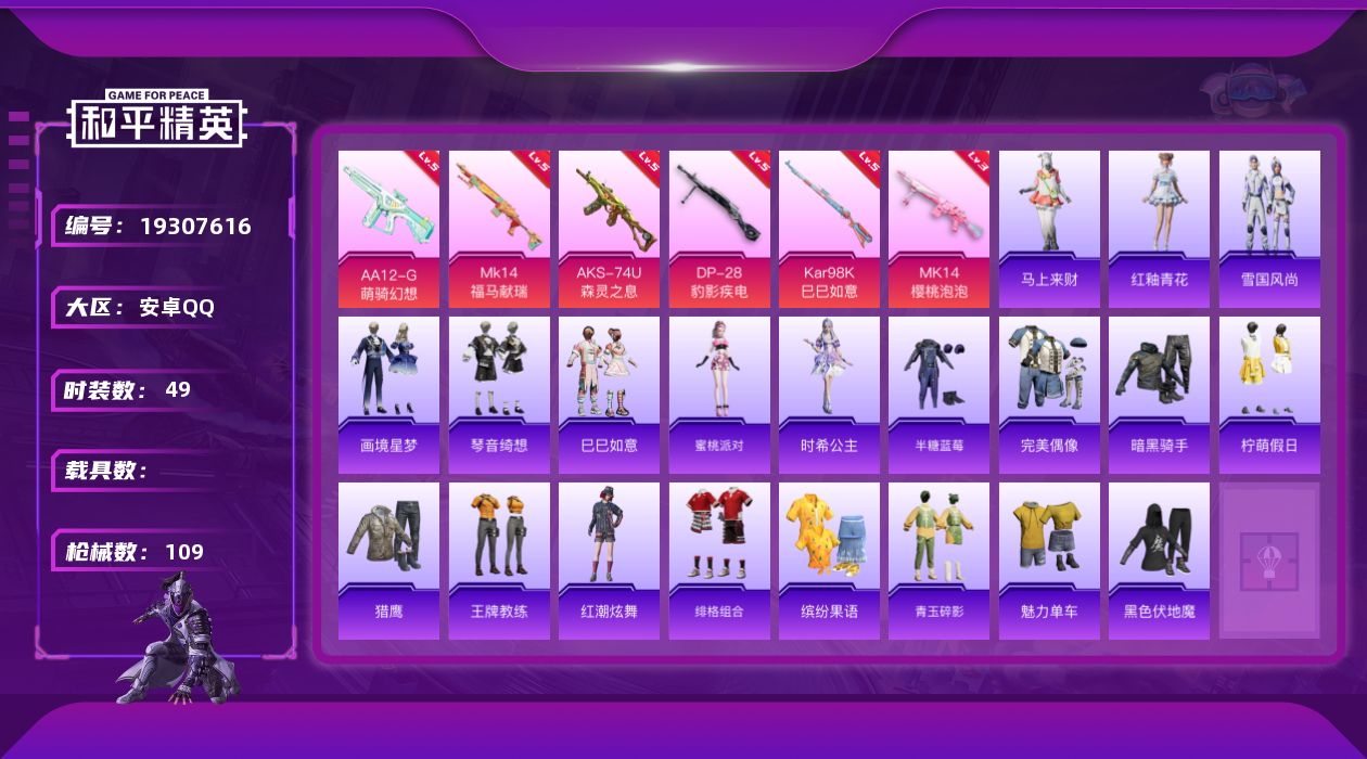 和平精英账号安卓QQ[19307616]安卓 手Q-0粉装-6特效枪-0载具-1粉色飞行器-22650热力值-3王牌印记-49套装-109枪皮
【粉色枪皮等级】：AKS-74U-森灵之息(五级)，Kar98K-巳巳如意(