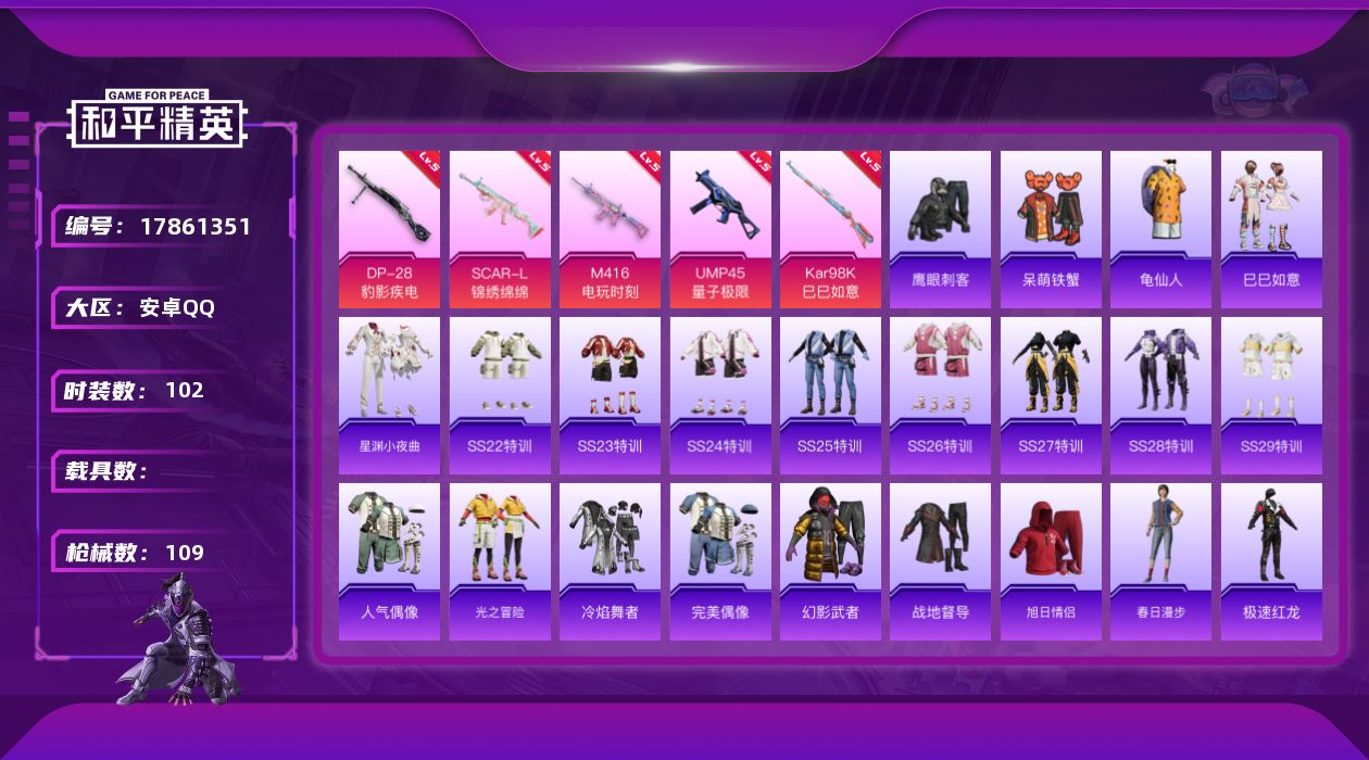 和平精英账号安卓QQ[17861351]【特价出售/店主推荐】安卓 手Q-5特效枪-1粉色飞行器-29208热力值-9王牌印记-102套装-109枪皮【热门品类】：套装-龟仙人【粉色枪皮等级】：SCAR-L-锦绣绵绵(五