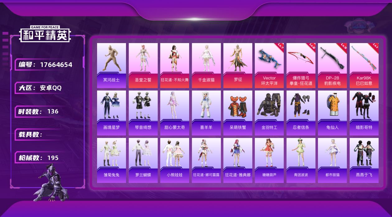 和平精英账号安卓QQ[17664654]【特价出售/店主推荐】老木乃伊/绝世印记2/ 无敌战神框5 安卓 手Q-无敌战神框-4粉装-5特效枪-1粉色飞行器-57859热力值-22王牌印记-136套装-195枪皮【热门品类