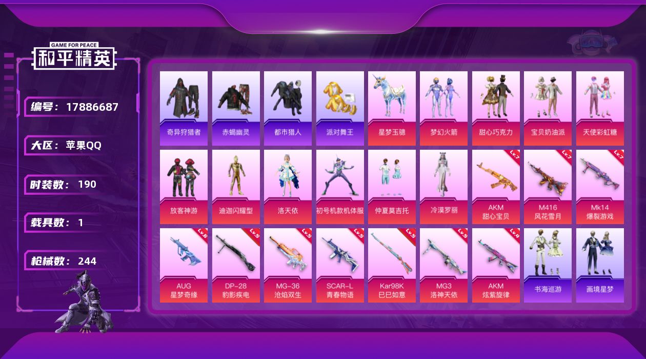 和平精英账号苹果QQ【特价出售/店主推荐】
苹果 手Q-10粉装-14特效枪-1载具-2粉色飞行器-87066热力值-14王牌印记-190套装-244枪皮【热门品类】：粉装-梦幻火箭，套装-浪漫天命，