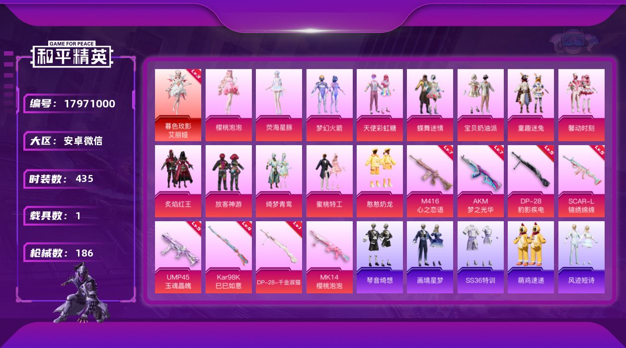 和平精英账号安卓微信1载具-123套装-186枪皮-1红装2稀有1载具13粉装9特效枪11热门123套装186枪皮 65