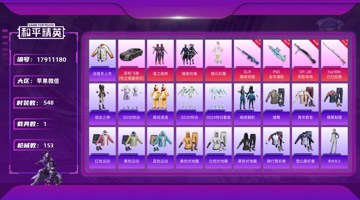 和平精英账号苹果微信[17911180]3粉装 4特效枪 1载具 13印记 可二次 可修改实名 
【热门装扮】巡查员衣服