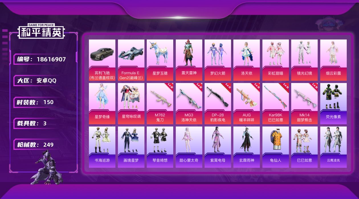 和平精英账号安卓QQ[18616907]安卓 手Q-8粉装-9特效枪-3载具-1粉色飞行器-71128热力值-7王牌印记-150套装-249枪皮
【热门品类】：粉装-梦幻火箭，套装-龟仙人
【粉色套装】：粉装-梦幻火箭，