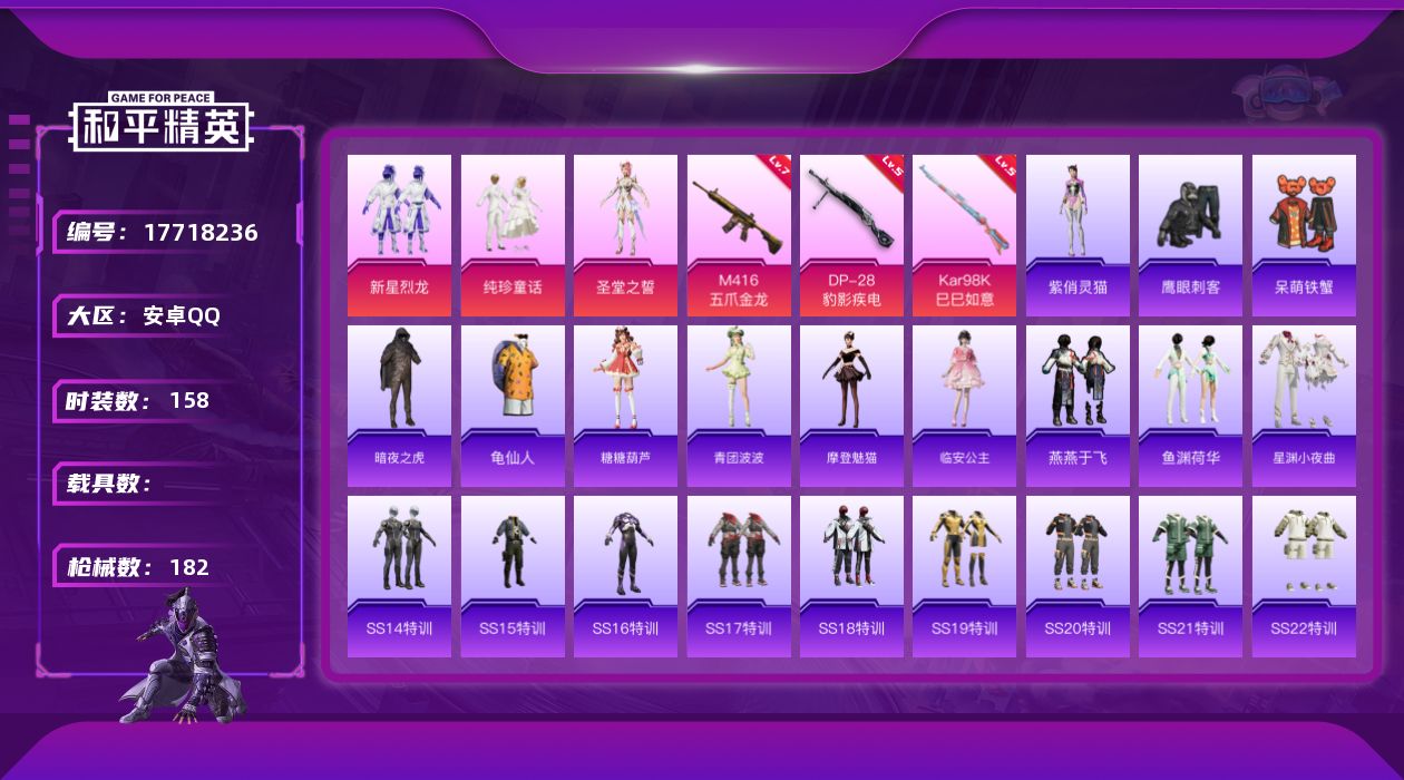 和平精英账号安卓QQ[17718236]安卓 手Q-3粉装-7特效枪-0载具-0粉色飞行器-55239热力值-7王牌印记-158套装-182枪皮
【热门品类】：套装-暗夜之虎，套装-龟仙人
【粉色套装】：粉装-新星烈龙，