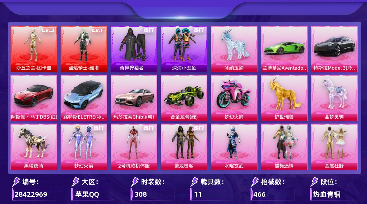 [28422969]苹果手Q-历史最高段位：无敌战神-2神装-23粉装-19特效枪-11载具-13粉色飞行器-162346热力值-31王牌印记-308套装-466枪皮
【红色神装等级】：幽焰骑士-维塔(一级)，沙丘之主-图卡盟(三级)
【红色角色神装】：幽焰骑士-维塔，沙丘之主-图卡盟
【热门品类】：粉装-梦幻火箭，粉装-2号机款机体服，粉装-繁龙极客，绝对防御上衣，套装-深海小丑鱼，套装-小丑鱼，套装-奇异狩猎者，套装-金羽特工，套装-龟仙人，套装-潮萌小黄鸭，套装-暗影哥特，套装-浪漫波比
【粉色套装】：粉装-水曜玄武，粉装-蝶舞迷情，粉装-梦幻火箭，粉装-金属狂野，粉装-古堡领主，粉装-新星烈龙，粉装-绚金战神，粉装-暗翼战神，粉装-烈焰拳霸，粉装-虎啸骄阳，粉装-炙焰赤龙，粉装-葫芦兄弟，粉装-骨龙祭渊，角色-赛罗闪耀型，角色-2号机款机体服，粉装-橘柚倾心，粉装-赤焰黑爵，角色-圣堂之誓，粉装-繁龙极客，角色-千金淑猫，粉装-星穹咏叹调，角色-狂魅哈莉，角色-特战灵喵
【粉色枪皮等级】：AKM-炫紫旋律(一级)，AKM-盖世英雄(九级)，AKM-幽焰骑士(三级)，SCAR-L-梦幻火箭(七级)，M416-五爪金龙(七级)，M416-剑灵(三级)，AUG-星梦奇缘(六级)，AUG-许七安(二级)，M762-甜蜜誓约(七级)，UMP45-量子极限(五级)，Vector-流风之羽(四级)，汤姆逊-玉魄流云(三级)，Kar98K-巳巳如意(五级)，M24-星之信仰(五级)，AWM-橘柚倾心(四级)，Mk14-甜梦熊击(五级)，AA12-G-其乐融融(五级)，DP-28-豹影疾电(五级)
【粉色载具】：特斯拉Model 3（冷光银），兰博基尼Aventador SVJ（翡翠绿），阿斯顿马丁DBS（红），路特斯ELETRE（冰川蓝），玛莎拉蒂Ghibli（粉），合金龙骨（绿），双人摩托-梦幻火箭，护世瑞兽，晶梦灵驹，黑曜夜骑，冰绡玉鳞
【粉色枪皮】：AKM-炫紫旋律，AKM-盖世英雄，AKM-幽焰骑士，SCAR-L-梦幻火箭，M416-五爪金龙，M416-剑灵，AUG-星梦奇缘，AUG-许七安，M762-甜蜜誓约，UMP45-量子极限，Vector-流风之羽，汤姆逊-玉魄流云，Kar98K-巳巳如意，M24-星之信仰，AWM-橘柚倾心，Mk14-甜梦熊击，AA12-G-其乐融融，DP-