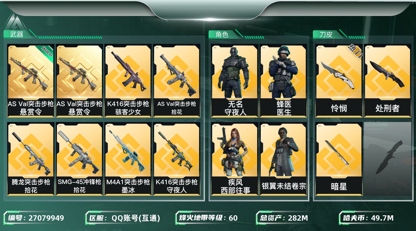 三角洲行动账号QQ[27079949]【7923】282m总资产-49708k哈夫币-60烽火等级-钻石-30战场等级