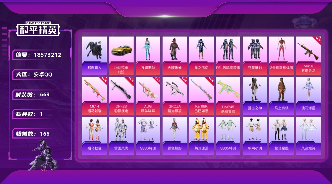 和平精英账号安卓QQ6粉装 7特效枪 1载具 10印记 不可二次 不可修改实名 
【热门装扮】2号机款机体服(红螳螂),