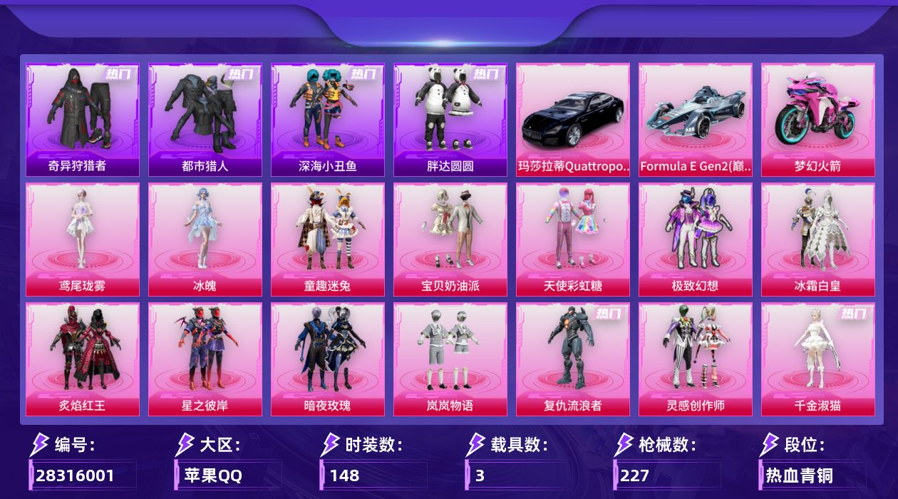 [28316001]苹果手Q-历史最高段位：卓越王牌18星-14粉装-9特效枪-3载具-1粉色飞行器-72744热力值-6王牌印记-148套装-227枪皮
【热门品类】：粉装-童趣迷兔，套装-浪漫天命，套装-都市猎人，套装-深海小丑鱼，套装-奇异狩猎者，套装-胖达圆圆，套装-龟仙人，套装-暗影哥特，套装-粉红小猪，角色-Mark.06
【粉色套装】：粉装-宝贝奶油派，粉装-天使彩虹糖，粉装-极致幻想，粉装-冰霜白皇，粉装-童趣迷兔，粉装-炙焰红王，粉装-星之彼岸，粉装-暗夜玫瑰，粉装-岚岚物语，角色-复仇流浪者，粉装-灵感创作师，角色-千金淑猫，角色-冰魄，角色-鸢尾珑雾
【粉色枪皮等级】：AKM-炫紫旋律(六级)，SCAR-L-梦幻火箭(五级)，M416-五爪金龙(七级)，AUG-星之彼岸(五级)，蜜獾-奇幻森林(五级)，ACE32-萌骑漫游(四级)，汤姆逊-玉魄流云(三级)，Kar98K-巳巳如意(三级)，DP-28-豹影疾电(五级)
【粉色载具】：玛莎拉蒂Quattroporte（夜幕蓝），Formula E Gen2（巅峰兰），双人摩托-梦幻火箭
【粉色枪皮】：AKM-炫紫旋律，SCAR-L-梦幻火箭，M416-五爪金龙，AUG-星之彼岸，蜜獾-奇幻森林，ACE32-萌骑漫游，汤姆逊-玉魄流云，Kar98K-巳巳如意，DP-28-豹影疾电
【粉色飞行器】：春暖花开飞行器
【粉色降落伞】：极限特训降落伞，百万伏特降落伞，甜心宝贝降落伞，梦幻火箭降落伞，金风玉露降落伞，夏日绵绵冰降落伞，银刃赛罗降落伞，童趣迷兔降落伞，星之彼岸降落伞，暗夜玫瑰降落伞，洛神天依降落伞，海渊国主降落伞，垂柳戏鸭降落伞，旋转彩虹降落伞，第五大道降落伞，变形金刚降落伞，炫光之旅降落伞，超新星降落伞，初号机 觉醒Ver.降落伞
【稀有套装】：套装-龟仙人，套装-迅捷龙虾，套装-恋语绒绒，套装-绝刃双刀，套装-荒原烈焰，角色-沧漩之缚，套装-云水剑心，套装-破界重生，套装-绒绒蒜鸟，角色-绛羽幽主，套装-朱霞炽焰，套装-凌霄紫焰，套装-擎苍青焰，角色-绯色魅影，角色-暖阳柴柴，玩偶服-吾皇猫来袭，套装-鲛绡织梦，套装-皎白汐音，套装-沁蓝之约
【稀有枪皮】：AKM-冰凉西瓜，AKM-夜灯，AKM-奇异狩猎者，AKM-彩虹符号，AKM-星之彼岸，AKM-萌趣颜团子，AKM-虎虎生威，AKM-龙的传人，M16A4