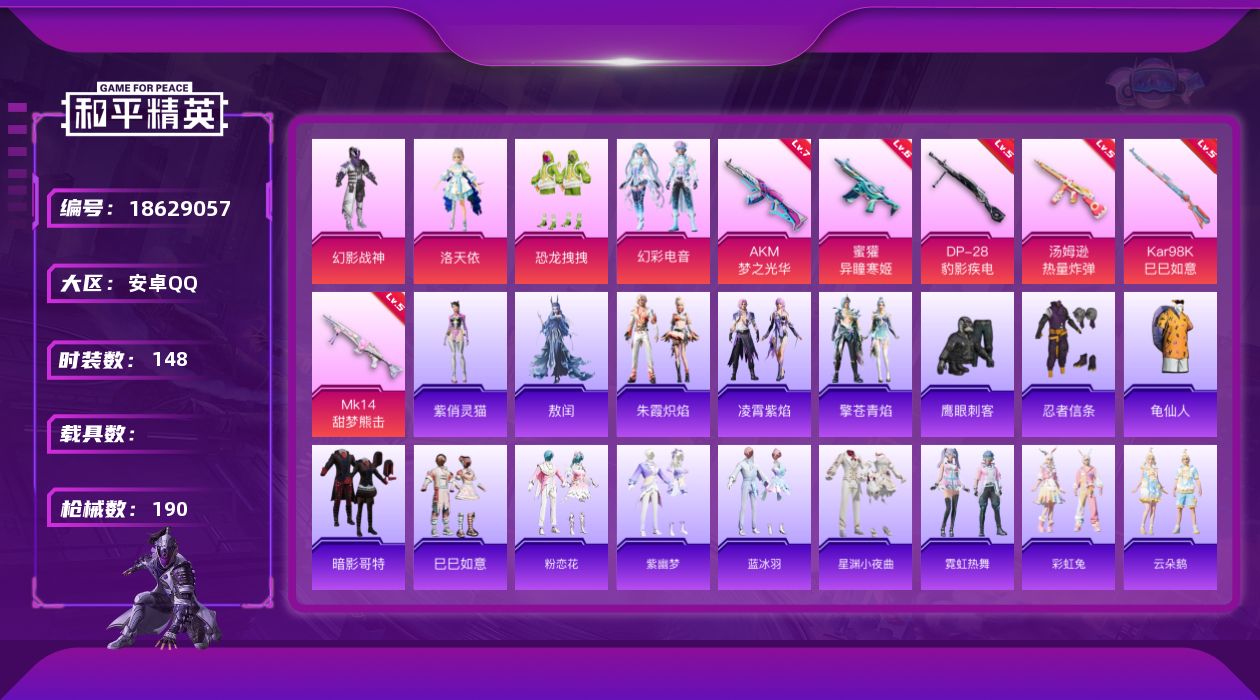 和平精英账号安卓QQ[18629057]安卓 手Q-4粉装-8特效枪-0载具-3粉色飞行器-56598热力值-6王牌印记-148套装-190枪皮
【热门品类】：套装-忍者信条，套装-AG战队服，套装-龟仙人，套装-暗影哥