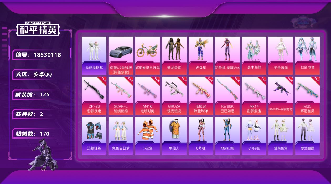 和平精英账号安卓QQ[18530118]安卓 手Q-6粉装-9特效枪-2载具-4粉色飞行器-56985热力值-11王牌印记-125套装-170枪皮
【热门品类】：粉装-繁龙极客，套装-小丑鱼，套装-动感兔斯基人偶服，套装