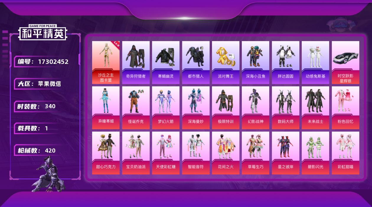 和平精英账号苹果微信[17302452]素材全套【特价出售/店主推荐】苹果 微信-1神装-31粉装-13特效枪-1载具-12粉色飞行器-152074热力值-23王牌印记-340套装-420枪皮
【红色神装等级】：沙丘之主