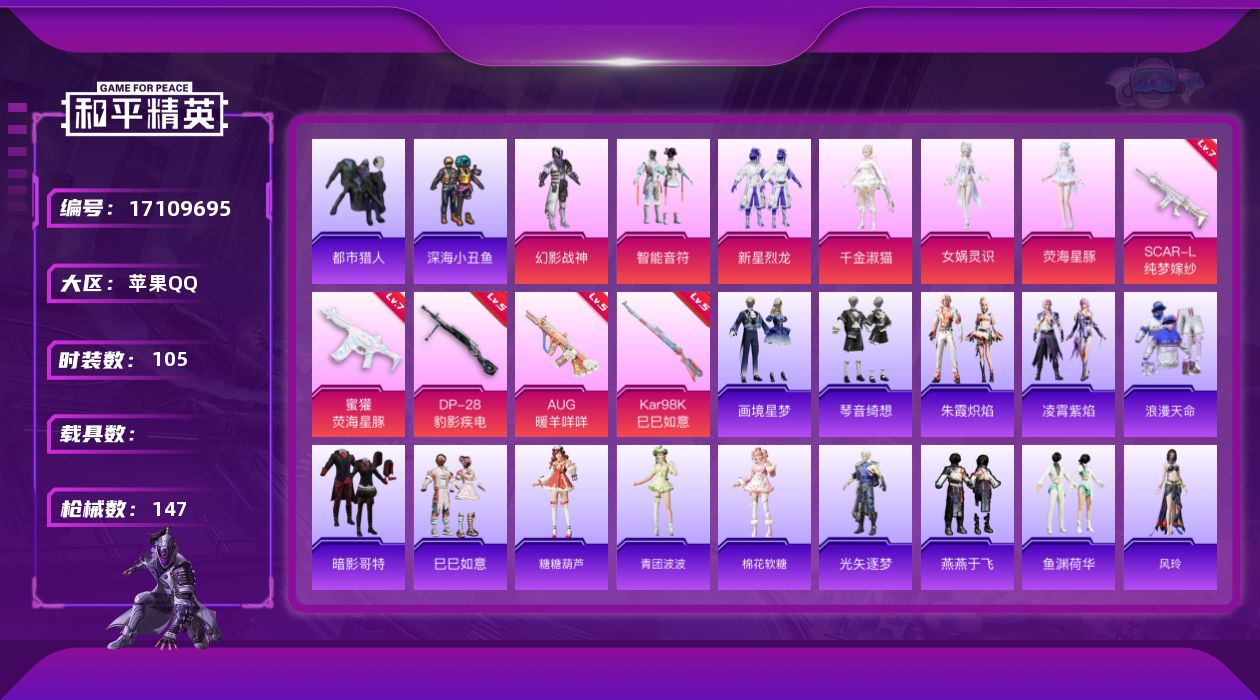 和平精英账号苹果QQ"DAS9889 -可二次 苹果Q-2稀有7粉装5特效枪5热门105套装147枪皮 43984热力值