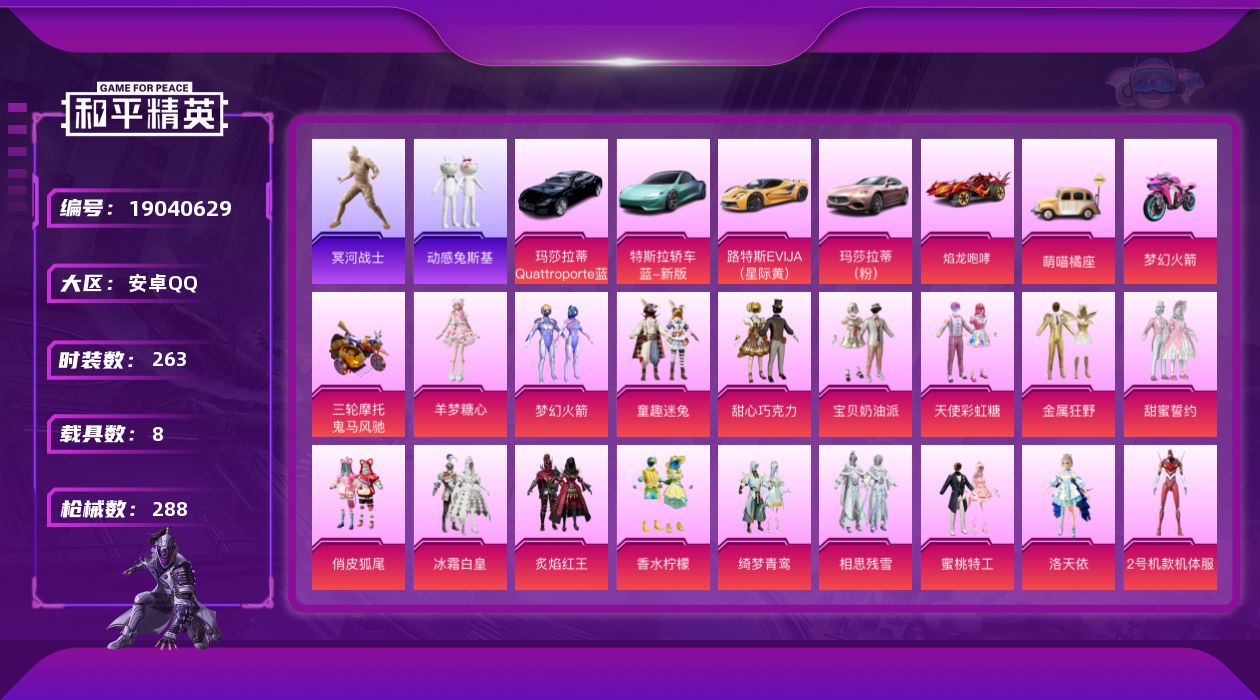 和平精英账号安卓QQ[19040629]263套装/枪械9/装备362/载具8/战备204/王牌印记10/热力值108976/三级AKM-甜心宝贝/七级M416-五爪金龙/七级M762-甜蜜誓约/四级UMP45-相思残雪