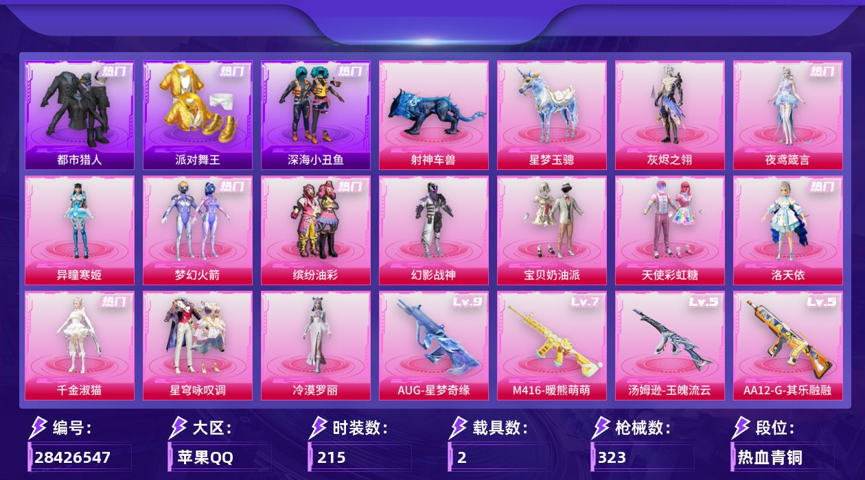 [28426547]苹果手Q-历史最高段位：传奇王牌17星-12粉装-17特效枪-2载具-9粉色飞行器-102841热力值-13王牌印记-215套装-323枪皮
【热门品类】：粉装-梦幻火箭，粉装-缤纷油彩，套装-浪漫天命，套装-都市猎人，套装-派对舞王，套装-深海小丑鱼，套装-小丑鱼，套装-龟仙人，套装-暗影哥特，套装-粉红小猪，角色-Mark.06，套装-红熊茄茄
【粉色套装】：角色-灰烬之翎，粉装-幻影战神，粉装-宝贝奶油派，粉装-天使彩虹糖，粉装-梦幻火箭，粉装-缤纷油彩，角色-洛天依，角色-千金淑猫，粉装-星穹咏叹调，角色-冷漠罗丽，角色-异瞳寒姬，角色-夜鸢箴言
【粉色枪皮等级】：轻型迫击炮-酷夏轰炸(四级)，M416-暖熊萌萌(七级)，GROZA-镜光银凌(五级)，AUG-星之彼岸(一级)，AUG-星梦奇缘(九级)，AUG-暖羊咩咩(五级)，UMP45-萌骑冒险(五级)，汤姆逊-玉魄流云(五级)，Kar98K-巳巳如意(五级)，Mk14-福马献瑞(五级)，M417-灰烬之翎(三级)，AA12-G-其乐融融(五级)，DP-28-豹影疾电(五级)，MG3-洛神天依(五级)，M338-仙逆(三级)，97MG-夜鸢箴言(四级)，烟雾弹-日月星辰(五级)
【粉色载具】：星梦玉骢，射神车兽
【粉色枪皮】：轻型迫击炮-酷夏轰炸，M416-暖熊萌萌，GROZA-镜光银凌，AUG-星之彼岸，AUG-星梦奇缘，AUG-暖羊咩咩，UMP45-萌骑冒险，汤姆逊-玉魄流云，Kar98K-巳巳如意，Mk14-福马献瑞，M417-灰烬之翎，AA12-G-其乐融融，DP-28-豹影疾电，MG3-洛神天依，M338-仙逆，97MG-夜鸢箴言，烟雾弹-日月星辰
【粉色飞行器】：香车宝马飞行器，炫彩糖果飞行器，灰烬之翎飞行器，极意拳锋飞行器，星罗盘飞行器，剑影随行飞行器
【粉色降落伞】：灰烬之翎降落伞，极限特训降落伞，幻影战神降落伞，百万伏特降落伞，甜心宝贝降落伞，星之彼岸降落伞，洛神天依降落伞，暗星紫秘降落伞，橘柚倾心降落伞，垂柳戏鸭降落伞，星梦奇缘降落伞，初号机 觉醒Ver.降落伞，金丰海韵降落伞，未来领航者降落伞，千金淑猫降落伞，临安公主降落伞，星穹咏叹调降落伞，冷漠罗丽降落伞，异瞳寒姬降落伞，炫彩糖果降落伞，罪夜之冕降落伞，仙逆降落伞，夜鸢箴言降落伞，吾皇猫降落伞
【稀有套装】：套装-龟仙人，套装-