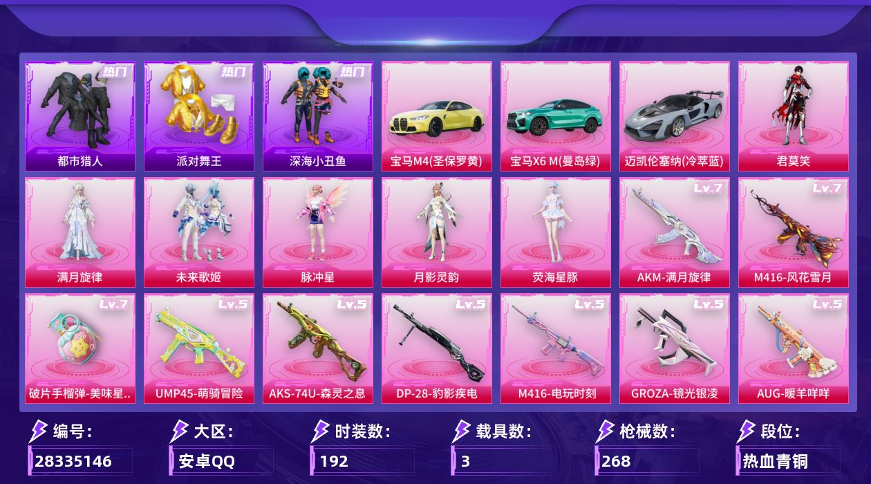 [28335146]安卓手Q-历史最高段位：卓越王牌17星-6粉装-14特效枪-3载具-5粉色飞行器-82814热力值-12王牌印记-192套装-268枪皮
【热门品类】：套装-浪漫天命，套装-都市猎人，套装-派对舞王，套装-深海小丑鱼，套装-忍者信条，套装-龟仙人，套装-暗影哥特，套装-粉红小猪，套装-糯粉咩咩
【粉色套装】：角色-满月旋律，粉装-未来歌姬，角色-脉冲星，角色-月影灵韵，角色-荧海星豚，角色-君莫笑
【粉色枪皮等级】：AKM-满月旋律(七级)，M416-风花雪月(七级)，M416-电玩时刻(五级)，GROZA-镜光银凌(五级)，AUG-暖羊咩咩(五级)，UMP45-萌骑冒险(五级)，Vector-流风之羽(五级)，汤姆逊-玉魄流云(四级)，AKS-74U-森灵之息(五级)，Kar98K-巳巳如意(五级)，Mk14-甜梦熊击(五级)，Mk14-福马献瑞(一级)，DP-28-豹影疾电(五级)，破片手榴弹-美味星星糖(七级)
【粉色载具】：宝马M4（圣保罗黄），宝马X6 M（曼岛绿），迈凯伦塞纳（冷萃蓝）
【粉色枪皮】：AKM-满月旋律，M416-风花雪月，M416-电玩时刻，GROZA-镜光银凌，AUG-暖羊咩咩，UMP45-萌骑冒险，Vector-流风之羽，汤姆逊-玉魄流云，AKS-74U-森灵之息，Kar98K-巳巳如意，Mk14-甜梦熊击，Mk14-福马献瑞，DP-28-豹影疾电，破片手榴弹-美味星星糖
【粉色飞行器】：炫彩糖果飞行器，祥瑞起舞飞行器，满月旋律飞行器，戏水时光飞行器，云梦轻舟飞行器
【粉色降落伞】：满月旋律降落伞，齐天大圣降落伞，洛神天依降落伞，蓝莓炮弹降落伞，第五大道降落伞，未来歌姬降落伞，镜光幻境降落伞，巴啦啦小魔仙降落伞，金丰海韵降落伞，时空协奏降落伞，未来领航者降落伞，月影灵韵降落伞，幻影飞狐降落伞，星穹咏叹调降落伞，冷漠罗丽降落伞，绯穹魔姬降落伞，炫彩糖果降落伞，罪夜之冕降落伞，天马神君降落伞
【稀有套装】：套装-龟仙人，套装-巳巳如意，套装-荒原牛仔，套装-炫彩糖果，套装-小财神当家，套装-马上有钱，套装-迅捷龙虾，套装-其乐融融，套装-恋语绒绒，套装-银辉夜曲，套装-流萤和鸣，套装-繁花挽春，套装-荒原烈焰，套装-云水剑心，套装-破界重生，套装-香桃花海，角色-光矢逐梦，套装-燕燕于飞，套装-鱼渊荷华，套装-新风雅兰，套装-萌萌史莱姆