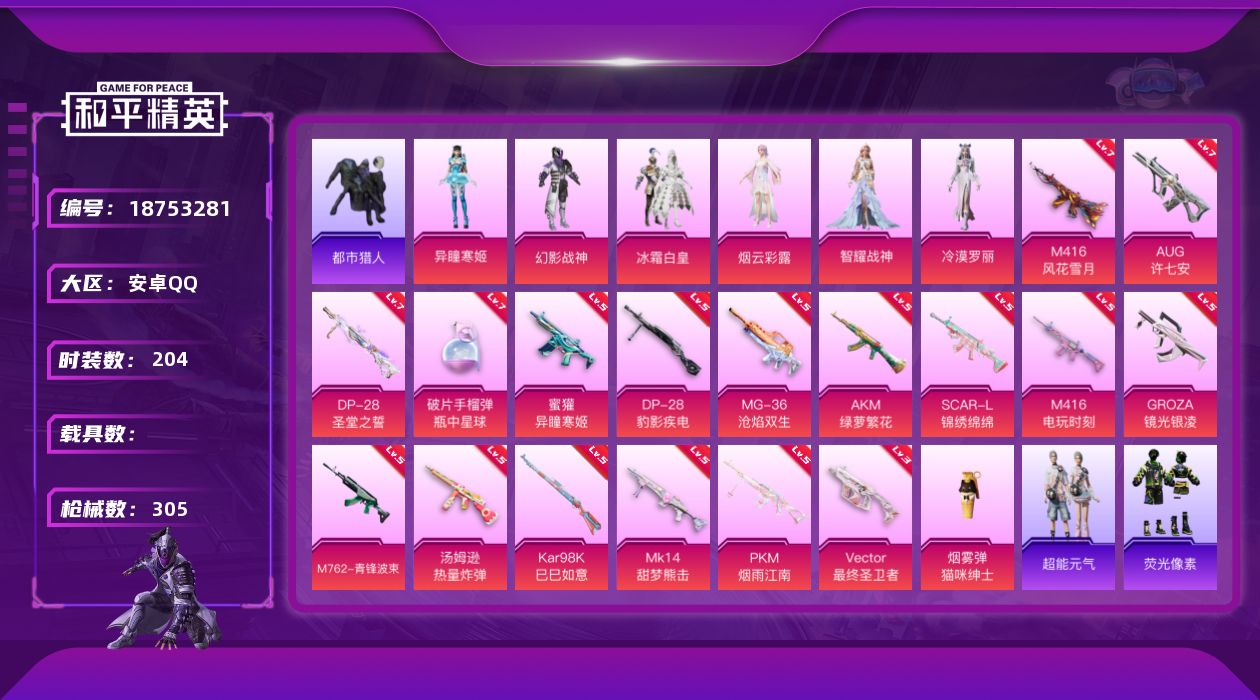 和平精英账号安卓QQ[18753281]安卓 手Q-6粉装-23特效枪-0载具-4粉色飞行器-97474热力值-20王牌印记-204套装-305枪皮
【热门品类】：绝对防御上衣，套装-浪漫天命，套装-都市猎人，套装-小丑