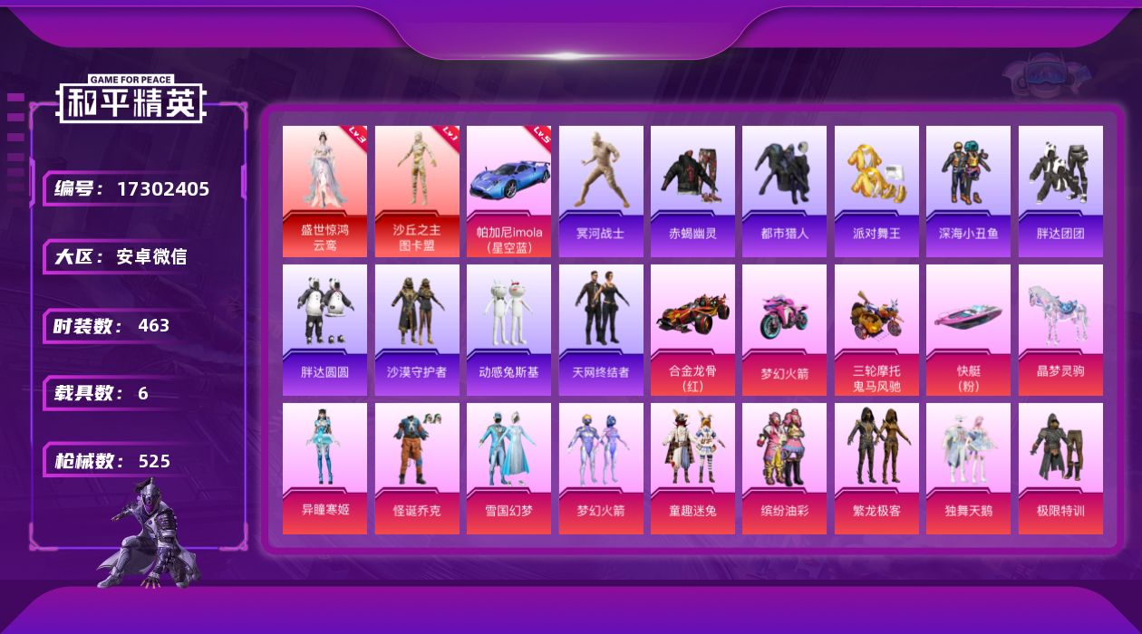 和平精英账号安卓微信[17302405]女号-29印记-5绝世-无敌战神框-24w热力-满天赋-2神装-65粉装-34特效枪-6载具-1僚机-21粉色飞行器-29王牌印记-463套装-525枪皮
【红色载具】：帕加尼im