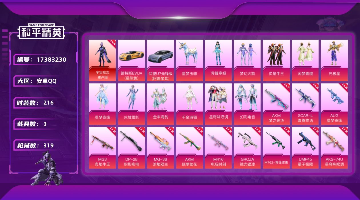 和平精英账号安卓QQ[17383230]安卓 手Q-1神装-11粉装-19特效枪-3载具-7粉色飞行器-112101热力值-20王牌印记-216套装-319枪皮
【红色神装等级】：宇宙意志-塞卢姆(四级)
【红色角色神装