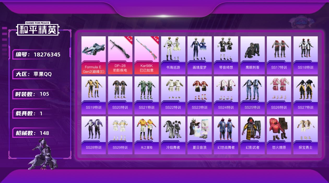 和平精英账号苹果QQ[18276345]【特价出售/店主推荐】苹果 手Q-4特效枪-1载具-1粉色飞行器-39425热力值-8王牌印记-105套装-148枪皮
【粉色枪皮等级】：ACE32-萌骑漫游(三级)，Kar98K