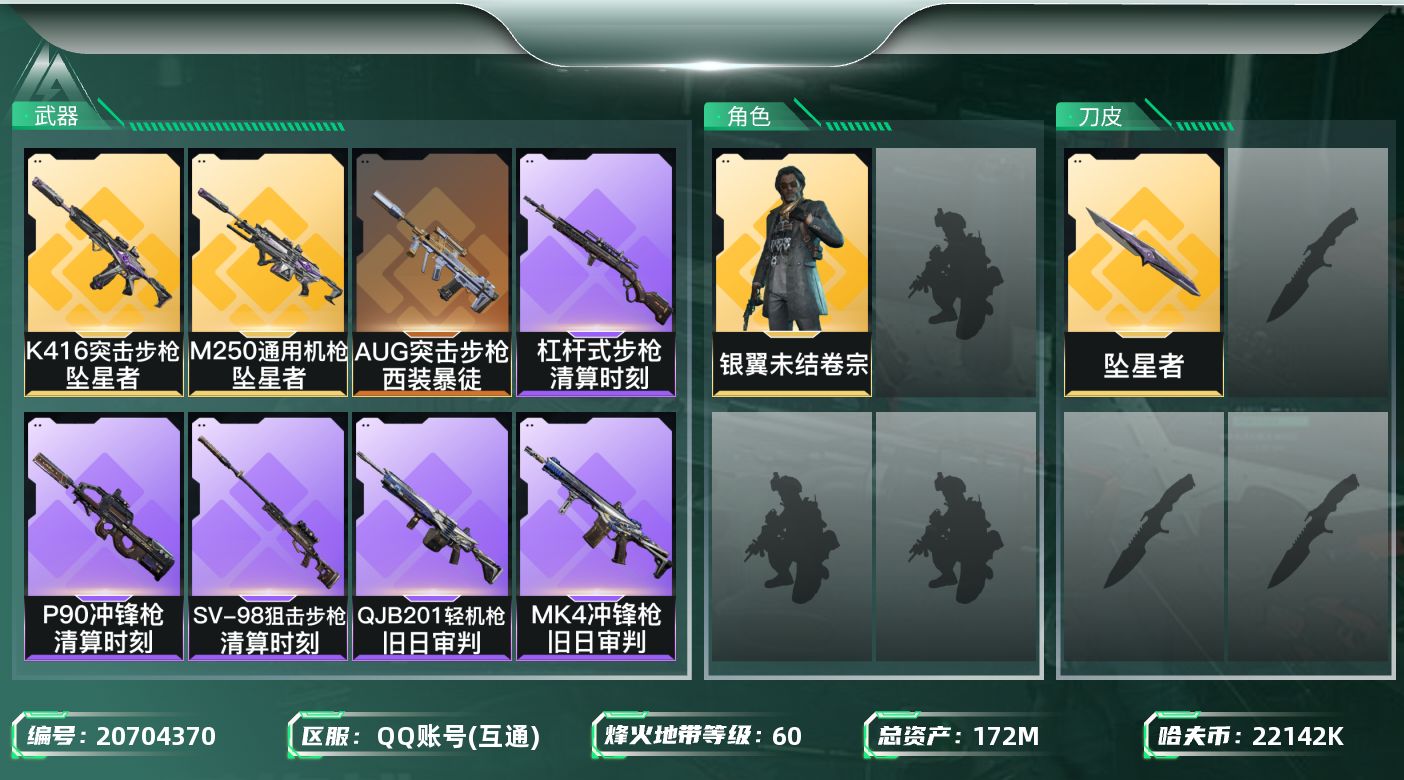三角洲行动账号QQ【5964】172m总资产-22142k哈夫币-60烽火等级-青铜-10战场等级-列兵
【干员外观】