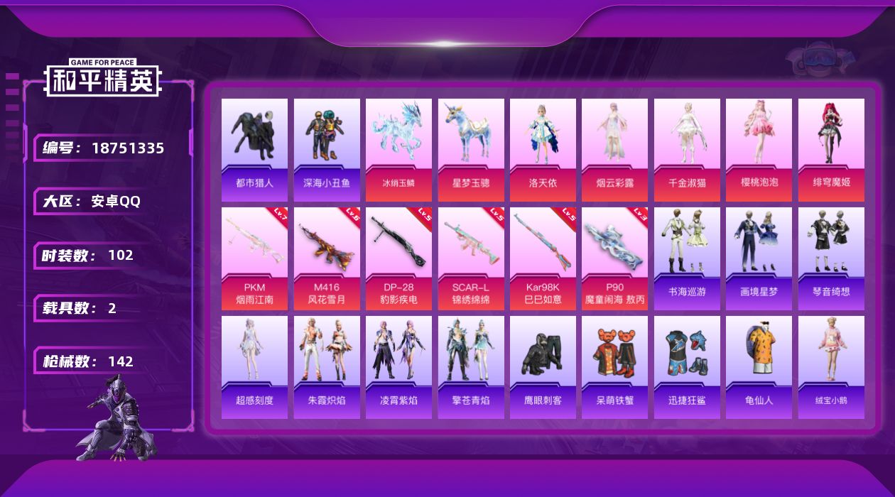 和平精英账号安卓QQ[18751335]安卓 手Q-5粉装-9特效枪-2载具-4粉色飞行器-47758热力值-9王牌印记-102套装-142枪皮
【热门品类】：套装-都市猎人，套装-深海小丑鱼，套装-龟仙人
【粉色套装】