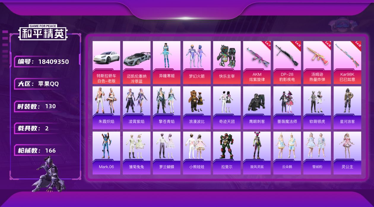 和平精英账号苹果QQ[18409350]苹果 手Q-3粉装-5特效枪-2载具-1粉色飞行器-53325热力值-3王牌印记-130套装-166枪皮
【热门品类】：粉装-梦幻火箭，套装-星河浪客，旭日初心兜帽大衣，套装-浪漫