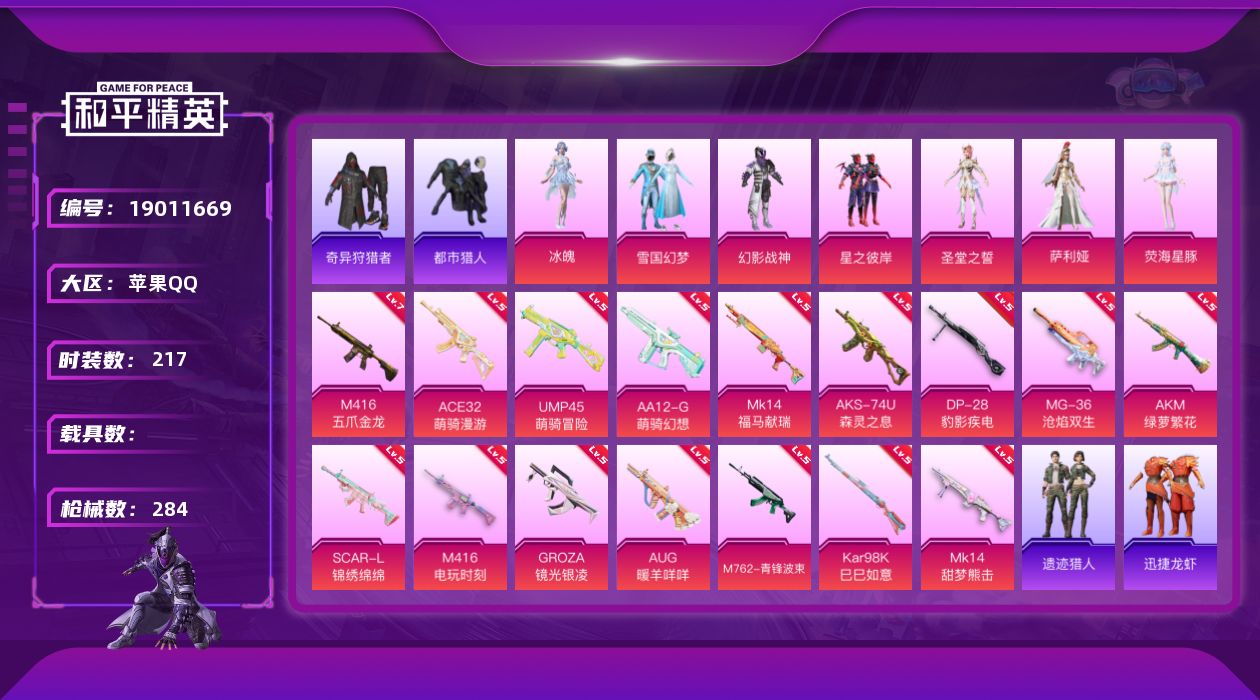 和平精英账号苹果QQ[19011669]苹果 手Q-7粉装-16特效枪-0载具-2粉色飞行器-85400热力值-17王牌印记-217套装-284枪皮
【热门品类】：粉装-雪国幻梦，套装-浪漫天命，套装-都市猎人，套装-小