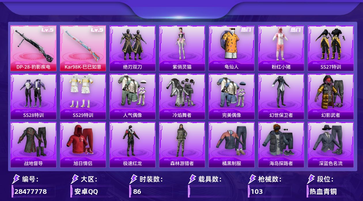[28477778]【FK8739】86套装/枪械2/装备102/战备74/王牌印记6/热力值24404/龟仙人/粉红小猪/五级Kar98K-巳巳如意/五级DP-28-豹影疾电/圣域龙灵降落伞/幻彩电音降落伞/Kar98K-巳巳如意/DP-28-豹影疾电/SS27特训/SS28特训/SS29特训/人气偶像/冷焰舞者/完美偶像/幻世保卫者/幻影武者/战地督导/旭日情侣/极速红龙/森林游猎者/橘黑制服/海岛探路者/深蓝色名流/湖蓝色名流/滨海厨神/灼焰舞者/燃烧卡路里/特训学院/猎鹰/猛禽/玉兔迎春/疯狂小兔子/白色伏地魔/破晓战魂/破蛋小黄鸡/空岛之星/竞技名士/竞技达人朋克/红色运动/绮丽涂鸦/缤纷果语/耀粉歌者/蓝彩潮人/蓝色运动/街头潮人/都市魅力/酒红色名流/酷潮明星/长空猛禽/青年教官/青涩时光/魅力单车/黄色伏地魔/黄色名流/黄色运动/黑色伏地魔/浴火魔神/AKM-破晓战魂/AKM-龙的传人/M16A4-红色方程式/M16A4-蓝色火焰/SCAR-L-夜灯/SCAR-L-炫彩节奏/SCAR-L-红色方程式/M416-糯团青竹/M416-红色方程式/M416-蓝色火焰/AUG-天降萌叽/AUG-耀粉歌者/QBZ-彩虹符号/M762-天降萌叽/M762-彩虹符号/蜜獾-天降萌叽/UZI-啾咪啾咪/UZI-天降萌叽/UZI-炫彩节奏/UZI-红色方程式/UZI-魔法学院/UMP45-夜灯/UMP45-生命誓言/Vector-彩虹符号/Vector-生命誓言/汤姆逊-天降萌叽/汤姆逊-奇异狩猎者/汤姆逊-炫彩节奏/汤姆逊-耀粉歌者/P90-巳巳如意/Kar98K-彩虹符号/Kar98K-星穹咏叹调/SKS-炫彩节奏/SKS-糯团青竹/VSS-彩虹符号/Mini14-耀粉歌者/SLR-圣穹绘梦/AMR-鬼刀/S686-生命誓言/S686-巳巳如意/S12K-玩趣呆呆/S12K-夜灯/DBS-创世·救赎/M249-彩虹符号/M249-破晓战魂/DP-28-彩虹符号/MG3-幻世战舞者/R45-幻彩电音/短管霰弹-竹节火铳/短管霰弹-星穹咏叹调/破片手榴弹-巳巳如意/巳巳如意/恋语绒绒/绝刃双刀/冰河战士/香桃花海/紫幽梦/蓝冰羽/星渊小夜曲/紫俏灵猫