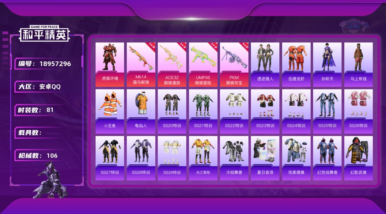 和平精英账号安卓QQ[18957296]安卓 手Q-1粉装-4特效枪-0载具-0粉色飞行器-27186热力值-2王牌印记-81套装-106枪皮
【热门品类】：套装-小丑鱼，套装-龟仙人
【粉色套装】：角色-虎痴许褚
【粉
