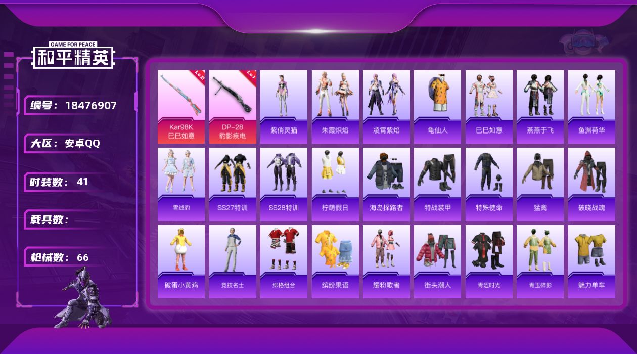 和平精英账号安卓QQ[18476907]安卓 手Q-0粉装-2特效枪-0载具-0粉色飞行器-14243热力值-1王牌印记-41套装-66枪皮
【热门品类】：套装-龟仙人
【粉色枪皮等级】：Kar98K-巳巳如意(二级)，