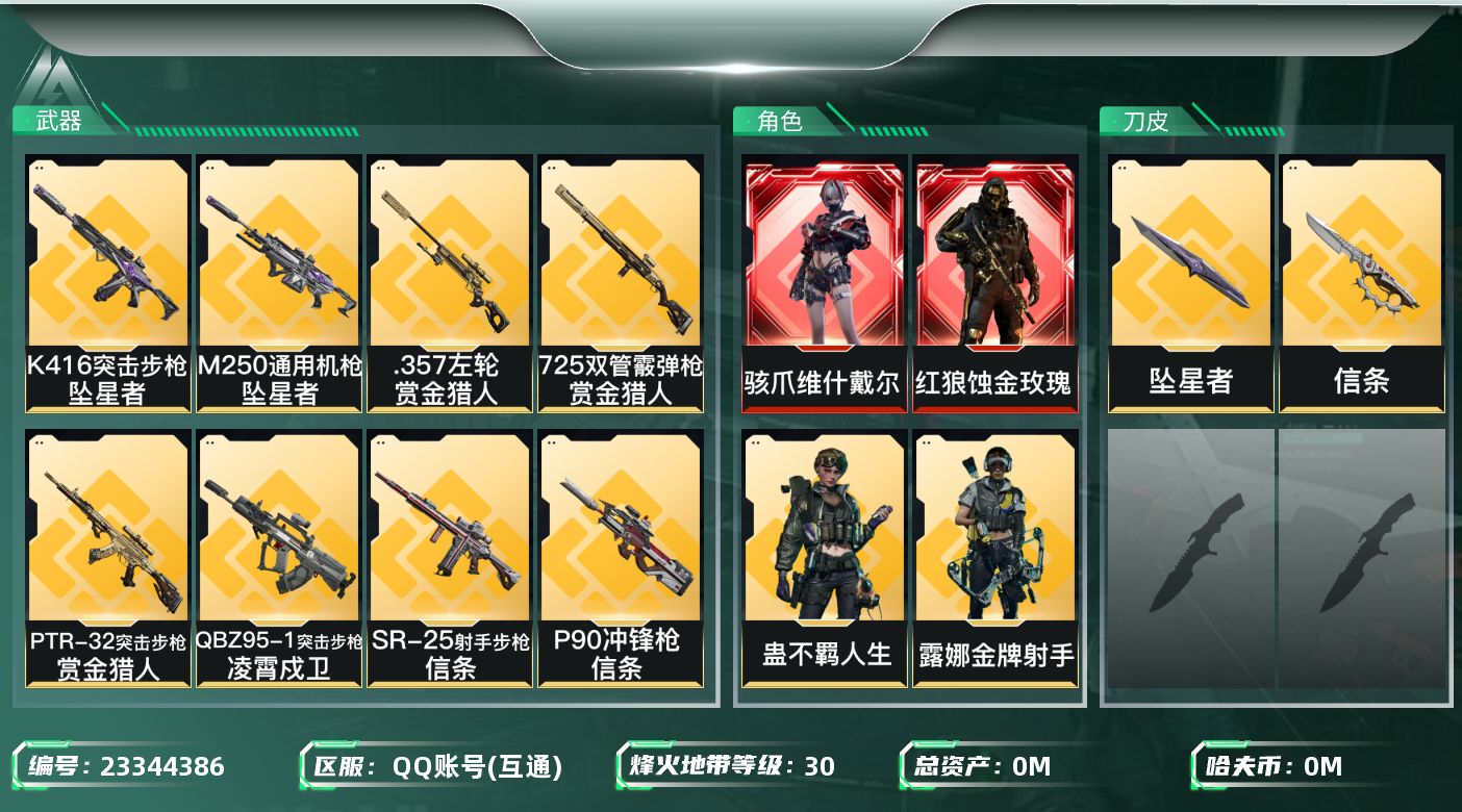 三角洲行动账号QQ总资产:238.4M 5干员外观 2近战传说 31传说枪械 哈夫币:2.131K 可二次 可修改实名