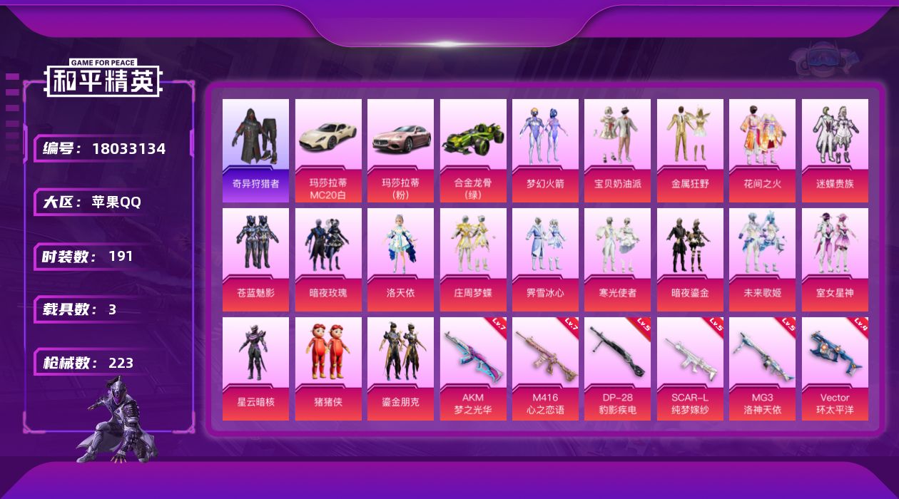 和平精英账号苹果QQ[18033134]时装数: 782 载具数: 3 枪械数: 223 战备数: 171 热门装扮: 