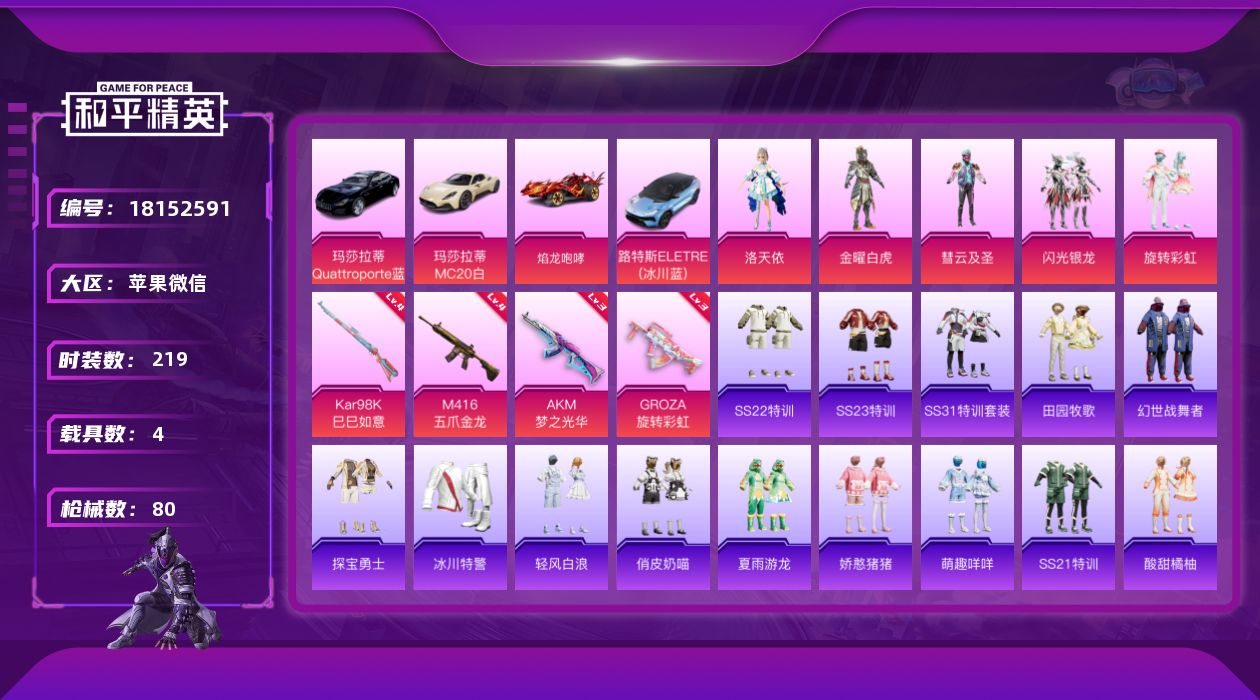 和平精英账号苹果微信4载具-53套装-80枪皮-4载具5粉装4特效枪7热门53套装80枪皮 29195热力值 3印记 历